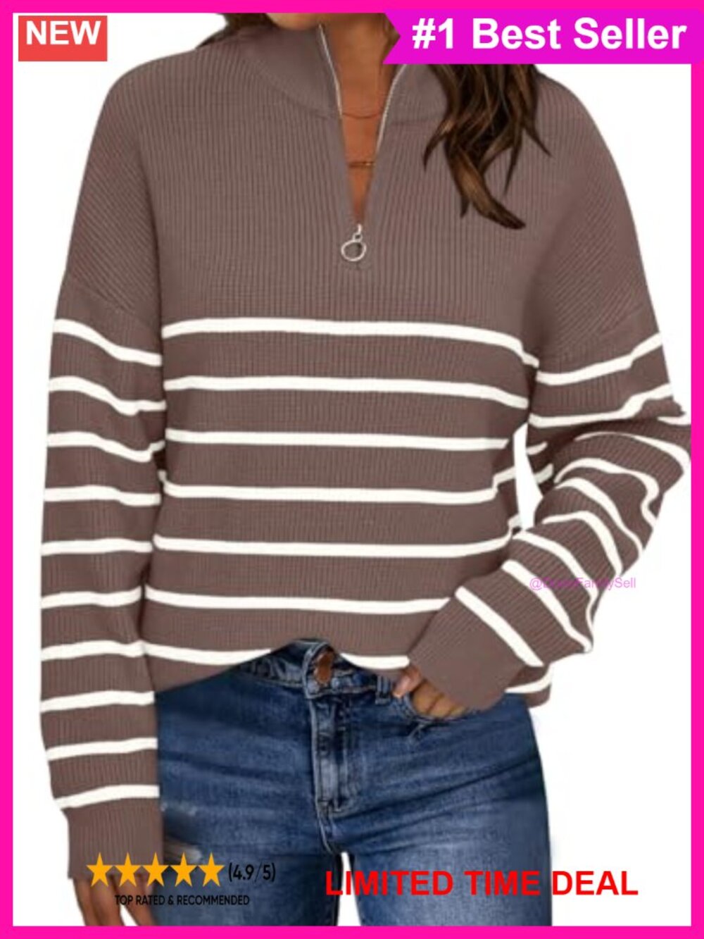Womens Quarter Zip Striped Oversized Fall Sweater Ribbed Knit Pullover